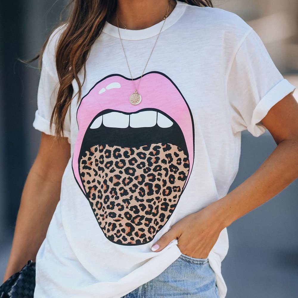White Tongue Twister Leopard Pink Cotton T Shirt Tee Top TP4155
